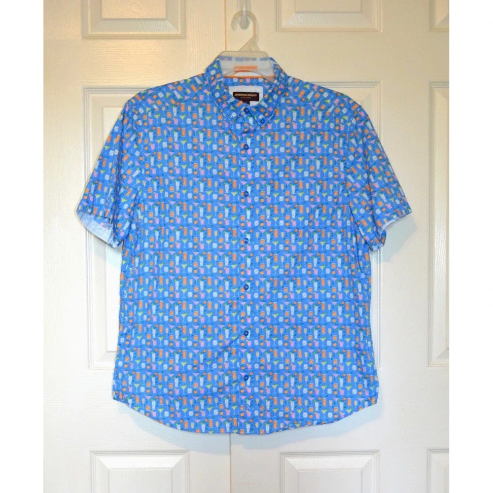 Johnston & Murphy Shirt Men's L Button Front Short Sleeve Blue w/ Cocktail Glass - Picture 9 of 16